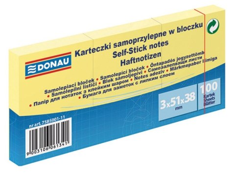 Bloczek samoprzylepny DONAU 38x51 (3 szt. x 100 kart.) jasno żółty 7585001/1