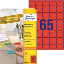 Usuwalne etykiety kolorowe 38,1 x 21,2 mm, czerwone etykiety papierowe, etykiety samoprzylepne 20 ark. / op., Avery L4790-20