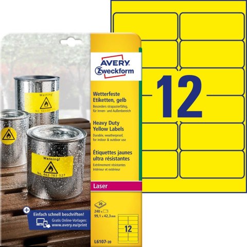Etykiety foliowe 99,1 x 42,3 mm, żółte etykiety wodoodporne z trwałym klejem, etykiety poliestrowe 20 ark. / op., etykiety ostrz