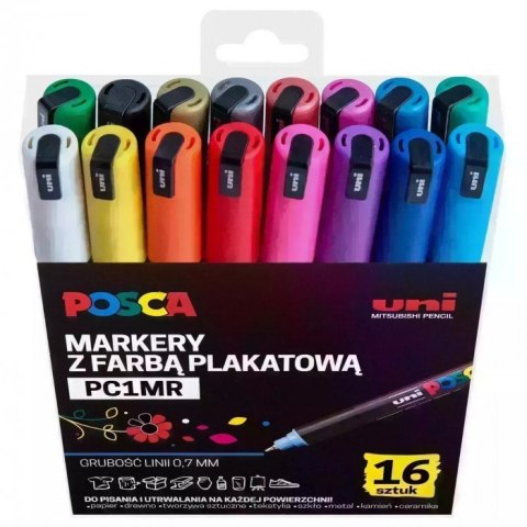Markery z tuszem pigmentowym PC-1MR, komplet 16 sztuk POSCA UNPC1MR/16C ceramika papier drewno