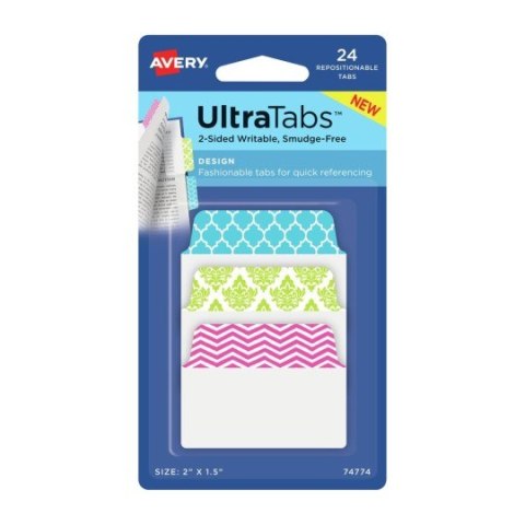 Zakładki indeksujące Ultra Tabs 50,8 x 38,1 mm, kolorowe zakładki indeksujące ze wzorami 24 szt., Avery 74774