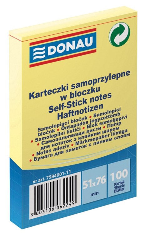 Bloczek samoprzylepny DONAU 51x76 żółty 758400 DONAU
