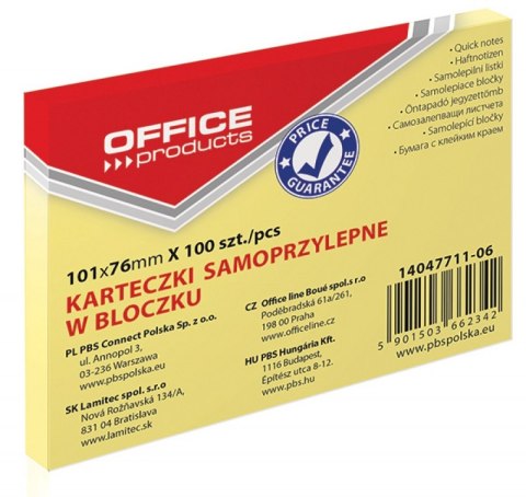 Bloczek samoprzylepny , 101x76mm, 1x100 kart., pastel, jasnożółty, typu OFFICE PRODUCTS 14047711-06