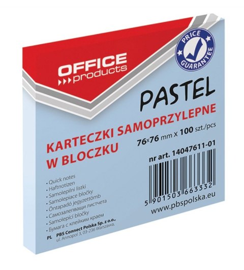 Bloczek samoprzylepny , 76x76mm, 1x100 kart., pastel, niebieski, typu OFFICE PRODUCTS 14047611-01