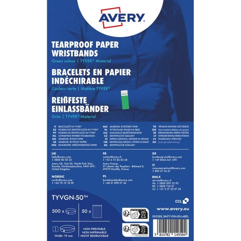 Opaski na rękę TYVEK _, 256 x 19 mm, zielone neonowe identyfikatory, Avery TYVGN-50