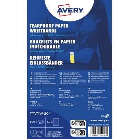 Opaski na rękę TYVEK _, 256 x 19 mm, żółte neonowe identyfikatory, Avery TYVYW-50