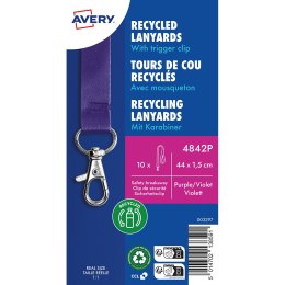 Smycz na identyfikator z recyklingowanego PET, 10 szt.; 15 x 440 mm; fioletowe smycze, Avery 4842P