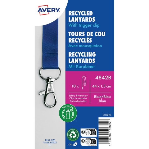 Smycz na identyfikator z recyklingowanego PET, 10 szt.; 15 x 440 mm; niebieskie smycze, Avery 4842B