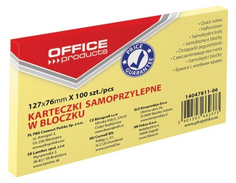 Bloczek samoprzylepny , 127x76mm, 1x100 kart., pastel, jaznożółty, typu OFFICE PRODUCTS 14047811-06