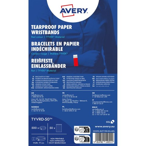 Opaski na rękę TYVEK _, 256 x 19 mm, czerwone neonowe identyfikatory, Avery TYVRD-50