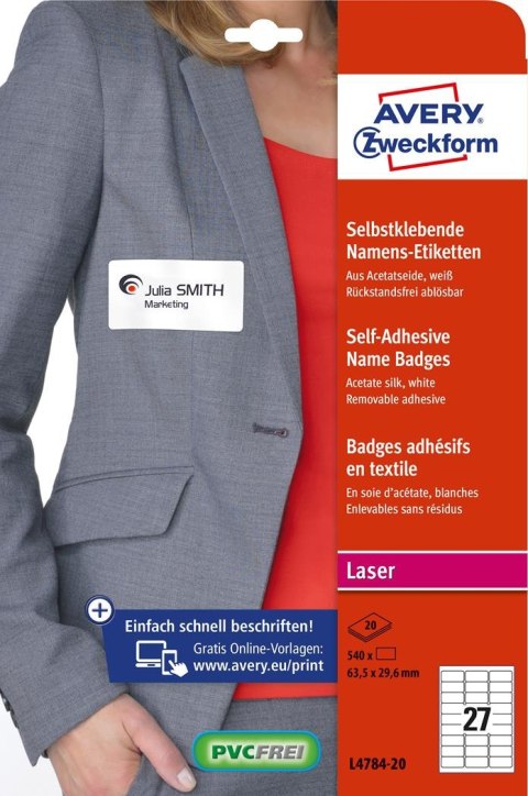 Samoprzylepne identyfikatory do zadruku, A4, 20 ark./op., 63,5 x 29,6 mm, białe, sztuczny jedwab, Avery L4784-20