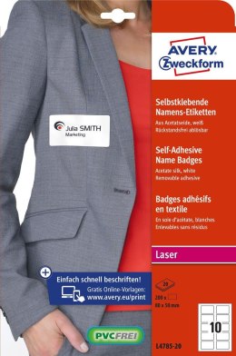 Samoprzylepne identyfikatory do zadruku, A4, 20 ark./op., 80 x 50 mm, białe, sztuczny jedwab, Avery L4785-20