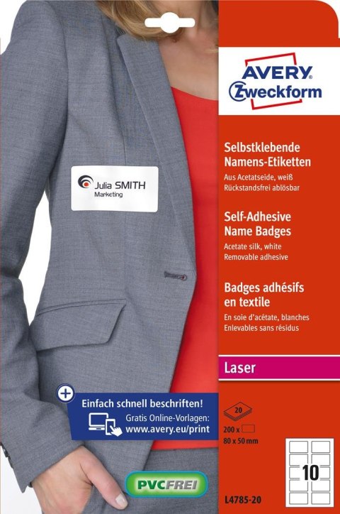 Samoprzylepne identyfikatory do zadruku, A4, 20 ark./op., 80 x 50 mm, białe, sztuczny jedwab, Avery L4785-20