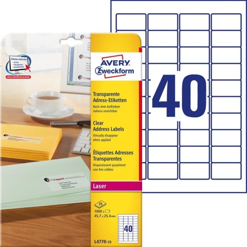 Etykiety adresowe 45,7 x 25,4 mm, etykiety przezroczyste, etykiety foliowe 25 ark. / op., Avery L4770-25