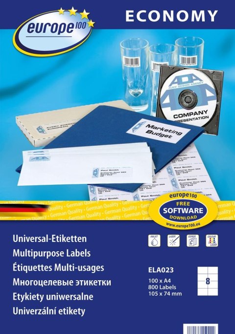 Etykiety uniwersalne Economy Europe100 by Avery Zweckform, A4, 100 ark./op., 105 x 74 mm, białe ELA023