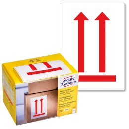 Naklejki ostrzegawcze TUTAJ GÓRA 74 x 100 mm, czerwone etykiety papierowe 200 etyk. / op., etykiety na paczki, znaki ostrzegawcz