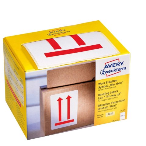 Naklejki ostrzegawcze TUTAJ GÓRA 74 x 100 mm, czerwone etykiety papierowe 200 etyk. / op., etykiety na paczki, znaki ostrzegawcz