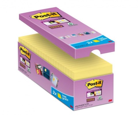 Bloczki samoprzylepne Post-it_ Super Sticky (654-P16SSCY-EU), 76x76mm, 16x90 kart., żółte, 2 bloczki GRATIS (X)