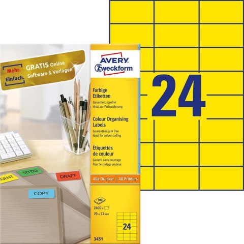 Trwałe etykiety kolorowe 70 x 37 mm, żółte etykiety papierowe, etykiety samoprzylepne 100 ark. / op., Avery 3451