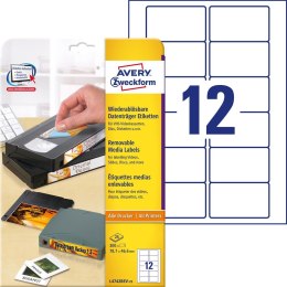 Usuwalne etykiety na kasety wideo 78,7 x 46,6 mm, białe etykiety samoprzylepne, usuwalne etykiety papierowe 25 ark. / op., Avery